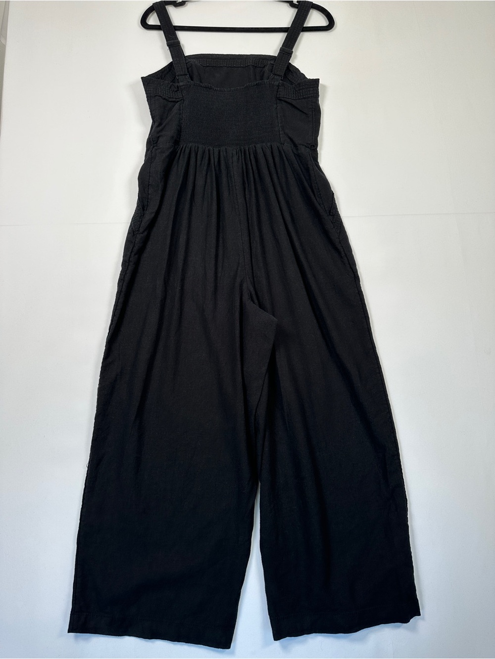 Old Navy Linen Blend Wide Leg Jumpsuit Black Smocked Bodice Adjustable Straps M